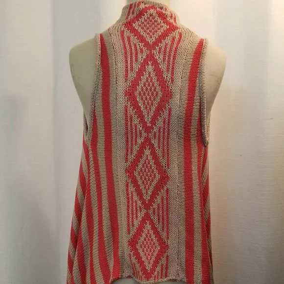 Orange Tan Striped Pattern Sleeveless Fringed Knit Vest M - Picture 4 of 6